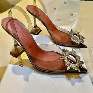 NIB Amina Muaddi Begum Glass PVC Slingback Pump Gray 36.5